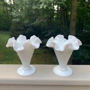 Fenton Milk Glass Pair of Hobnail Trumpet Vases
